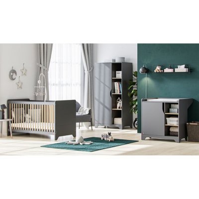 VOX Chambre compl&egrave;te lit b&eacute;b&eacute; - commode &agrave; langer - armoire 1 porte leaf gris et bois