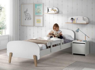Chambre enfant 3 pi&egrave;ces lit rambarde et chevet bois laqu&eacute; blanc et pin clair Kiddy 90x200 cm