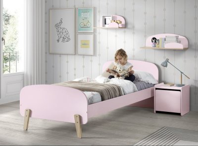 VIPACK Chambre enfant 4 pi&egrave;ces lit chevet et 2 tiroirs bois laqu&eacute; rose et pin clair Kiddy 90x200 cm 