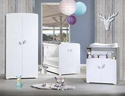 BABY PRICE Chambre trio lit et commode &agrave; langer en bois blanc NT372 