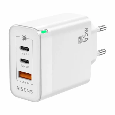 AISENS Chargeur  GAN 65W - 2xUSB-C PD3.0 QC4.0 - 1xUSB-A QC3.0 - Blanc