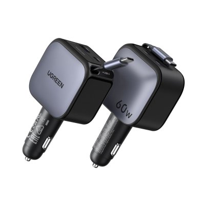 UGREEN Chargeur de Voiture avec C&acirc;ble R&eacute;tractable  60W 2xUSB-C et 1xUSB-A Gris