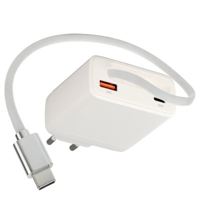 IMOSHION Chargeur GaN avec c&acirc;ble USB-C r&eacute;tractable 65W - USB-A + USB-C - Blanc