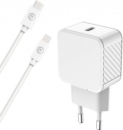 BIGBEN CONNECTED Chargeur maison 20W Power Delivery + C&acirc;ble USB C/Lightning Blanc - 100% Plastique recycl&eacute; Bigben