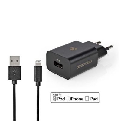 NEDIS Chargeur mural 2,4 a c&acirc;ble l&acirc;che certifi&eacute; lightning mfi noir
