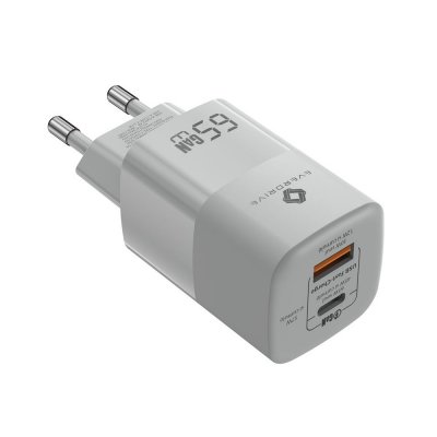 EVERDRIVE Chargeur Mural Universel  Gan 65w Usb-c Usb-a + C&acirc;ble 1,5 M Blanc