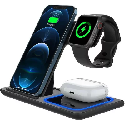 CHRONUS Chargeur Sans Fil 3 en 1, Station de Charge Rapide Sans Fil Magn&eacute;tique Certifi&eacute;e Qi de 15 W(Noir)-