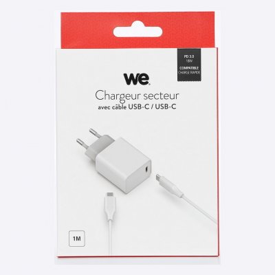 WE Chargeur secteur avec c&acirc;ble - USB-C/USC-C - 1M - Blanc 