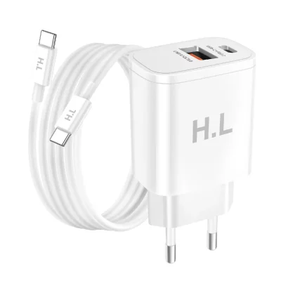 AVIZAR Chargeur Secteur Double Port USB-A et USB-C 20W avec C&acirc;ble USB-C vers USB-C Blanc