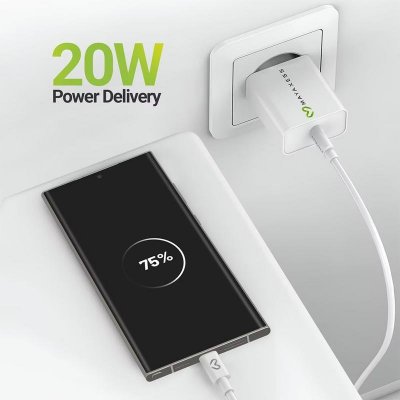 MAYAXESS Chargeur Secteur pour Galaxy S24 Ultra 20W + C&acirc;ble USB-C 1m Blanc