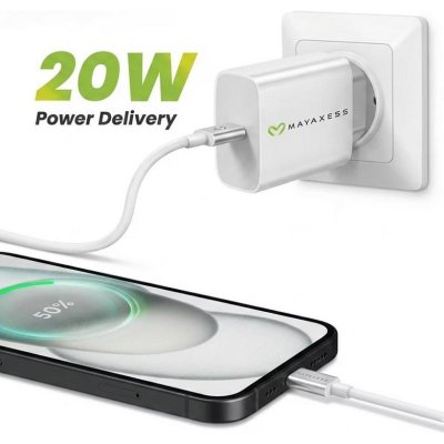 MAYAXESS Chargeur Secteur Pour Iphone 15 20w + C&acirc;ble Usb-c 1m Blanc 