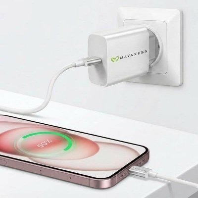 MAYAXESS Chargeur Secteur pour iPhone 15 Plus 20W + C&acirc;ble USB-C 1m Blanc