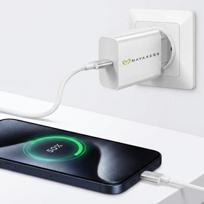 MAYAXESS Chargeur Secteur pour iPhone 15 Pro 20W + C&acirc;ble USB-C 1m Blanc