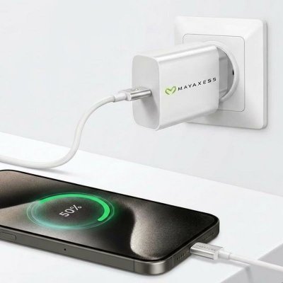 MAYAXESS Chargeur Secteur pour iPhone 15 Pro Max 20W + C&acirc;ble USB-C 1m Blanc