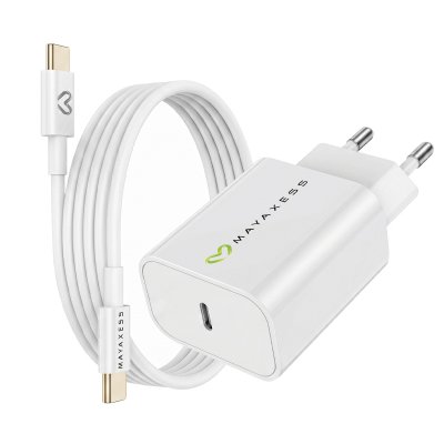 MAYAXESS Chargeur Secteur pour iPhone 16 Plus 20W + C&acirc;ble USB-C 1m Blanc