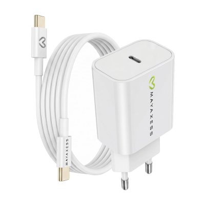 MAYAXESS Chargeur Secteur pour iPhone 16 Pro 20W + C&acirc;ble USB-C 1m Blanc