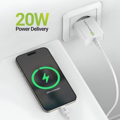 MAYAXESS Chargeur Secteur pour iPhone 16 Pro Max 20W + C&acirc;ble USB-C 1m Blanc