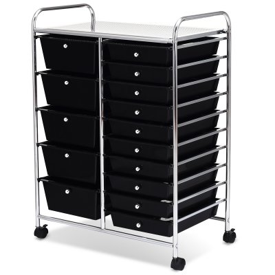 Chariot de Rangement &agrave; Roulette 15 Tiroirs en PP, pour chambre, bureau 62,5x37x87cm Noir
