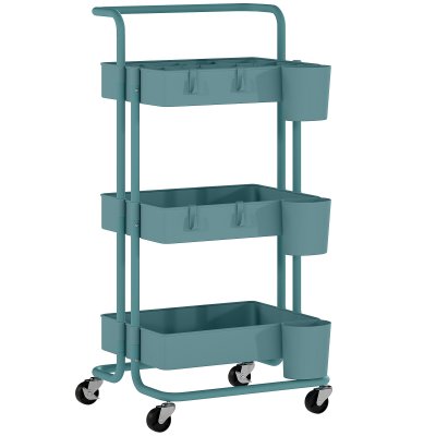 Chariot de rangement &agrave; roulettes 3 niveaux acier bleu-vert