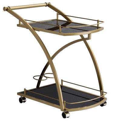 Chariot de service EVO, en m&eacute;tal dor&eacute; et plateaux en verre tremp&eacute; noir