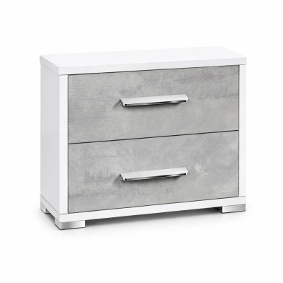 Chevet 2 tiroirs blanc laqu&eacute; fa&ccedil;ades aspect ciment pieds chrom&eacute;s 48x35xH51cm