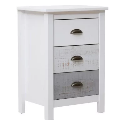 Chevet 3 tiroirs 46x35x65 cm en pin blanc, gris et beige - KINDA