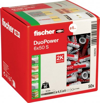 FISCHER Cheville tous mat&eacute;riaux DuoPower 6x50 mm avec vis - Bo&icirc;te de 50