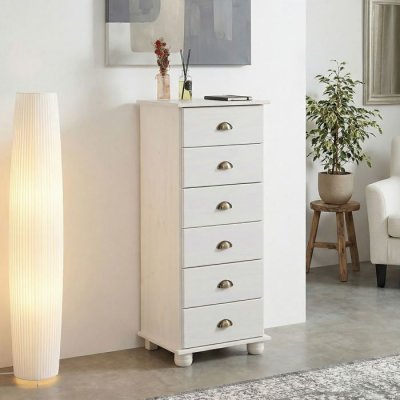Chiffonnier COLMAR en pin massif lasur&eacute; blanc, avec 6 tiroirs