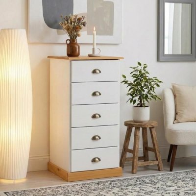 Chiffonnier PARIS en pin massif, 5 tiroirs, lasur&eacute; blanc et brun 