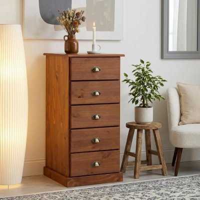 Chiffonnier PARIS en pin massif, 5 tiroirs, lasur&eacute; brun fonc&eacute;