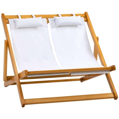 OUTSUNNY Chilienne 2 places dossier inclinable t&eacute;ti&egrave;res bois oxford blanc