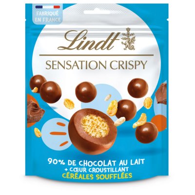 LINDT Chocolat au lait coeur croustillant, c&eacute;r&eacute;ales souffl&eacute;es