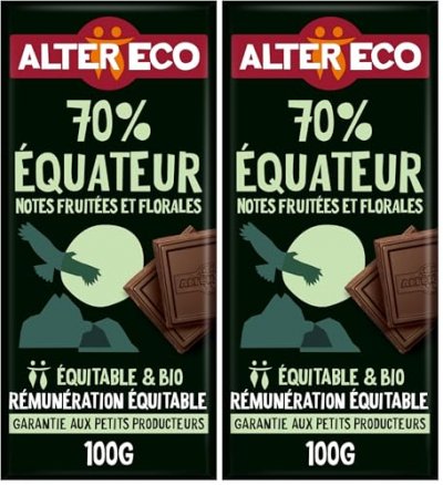 ALTER ECO Chocolat Noir 70% Equateur Bio  - La Tablette De 100g