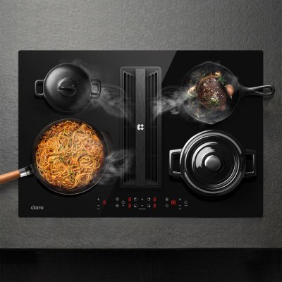 CIARRA  Plaque Induction avec Hotte Int&eacute;gr&eacute;e 59cm 500n3/h 7000W 4 Foyers Booster Recyclage Evacuation