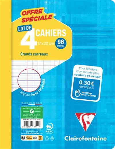 CLAIREFONTAINE CLAIRE FONTAINE 4 cahiers Grands Carreaux 17*22