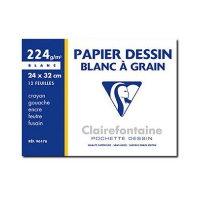 CLAIREFONTAINE  Pochette 12 Feuilles Dessin &Agrave; Grain 24x32 224g Blanc
