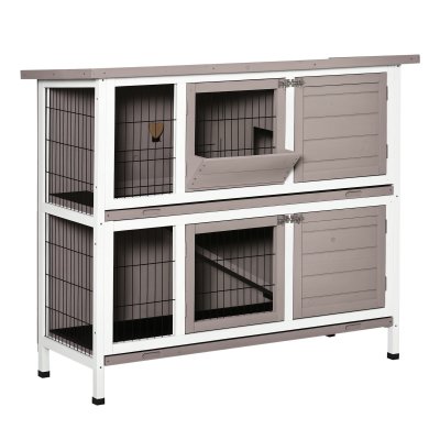 PAWHUT Clapier &agrave; lapin cage &agrave; lapin 2 &eacute;tages trappe de s&eacute;paration amovible sapin gris blanc