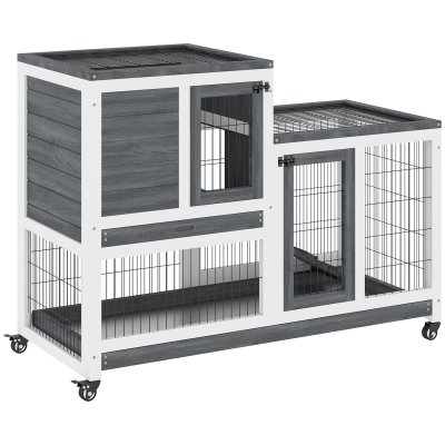 PAWHUT Clapier &agrave; lapin sur roulettes 2 &eacute;tages gris blanc