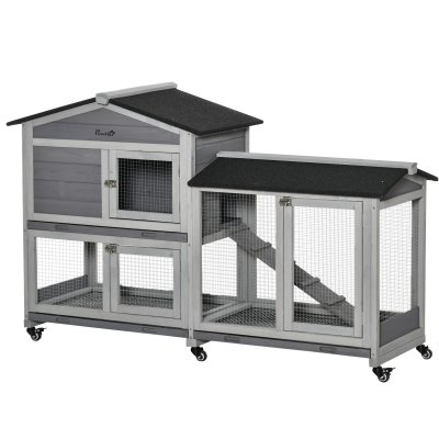 PAWHUT Clapier sur roulettes cage &agrave; lapins 2 niveaux 3 portes bois sapin gris