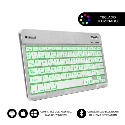 SUBBLIM Clavier Bluetooth sans fil compact Smart r&eacute;tro&eacute;clair&eacute; / Argent