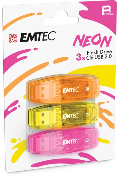 EMTEC Cl&eacute; USB 2.0  - C410 N&eacute;on - 8 Go - Pack de 3 - Coloris assortis