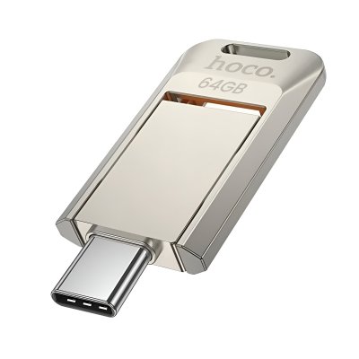 HOCO Cl&eacute; USB / USB-C 64 Go pour Transfert Rapide 150Mo / s au Design Pivotant Argent