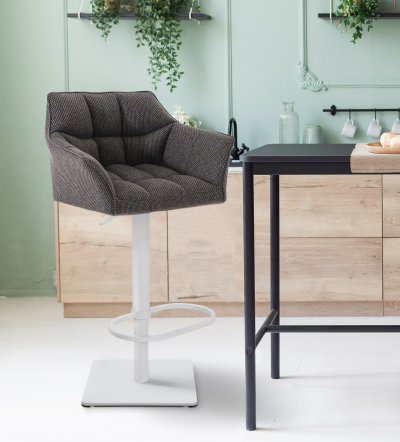 CLP - Tabouret de bar Damaso en Tissu gris titane M&eacute;tal blanc mat