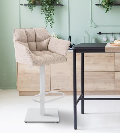 CLP - Tabouret de bar Damaso en Tissu ivoire M&eacute;tal blanc mat