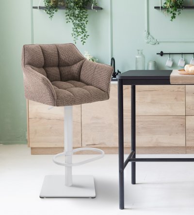CLP - Tabouret de bar Damaso en Tissu marron terre M&eacute;tal blanc mat
