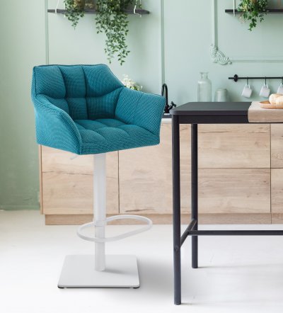 CLP - Tabouret de bar Damaso en Tissu turquois M&eacute;tal blanc mat
