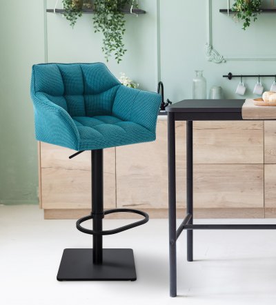 CLP - Tabouret de bar Damaso en Tissu turquois M&eacute;tal noir mat