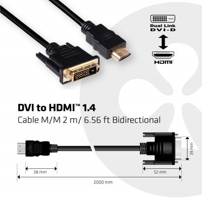 CLUB3D  DVI to HDMI 1.4 Cable M/M 2m/ 6.56ft Bidirectional