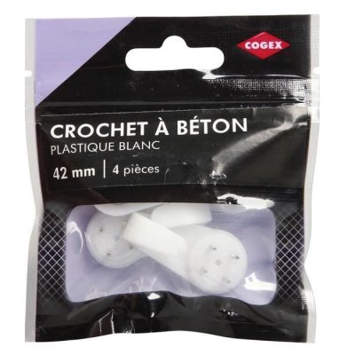 COGEX  85281 Crochet &agrave; b&eacute;ton, Blanc, 42 mm, Set de 4 Pi&egrave;ces