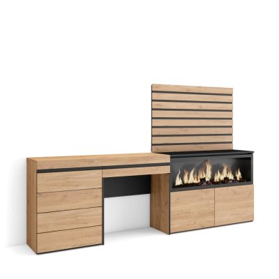 SKRAUT HOME Coiffeuse effet bois ch&ecirc;ne 234x35x145cm chemin&eacute;e effet feu XXL